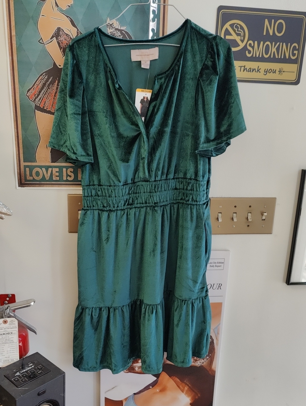 French Connection Green Short V-Neck Tiered Dress
